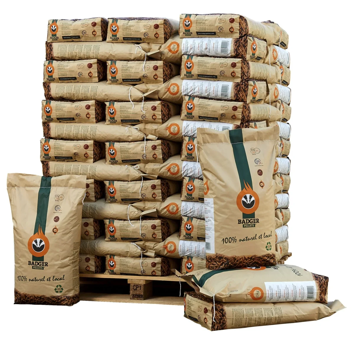 Holzpellets Badger 6 mm — Palette 990 kg (66 Säcke à 15 kg) · DINplus · ENplus A1